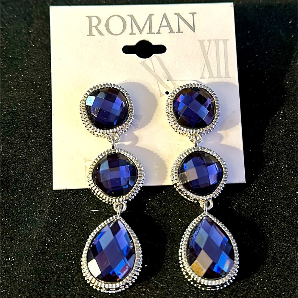 NWT Roman Silver with Sparkly Blue Gemstones Dangle Earrings
